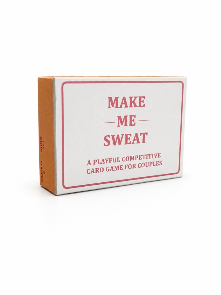 Make Me Sweat — a playful competitive card game for couples, 125 cards for 2 players, in a tan and white box with red lettering