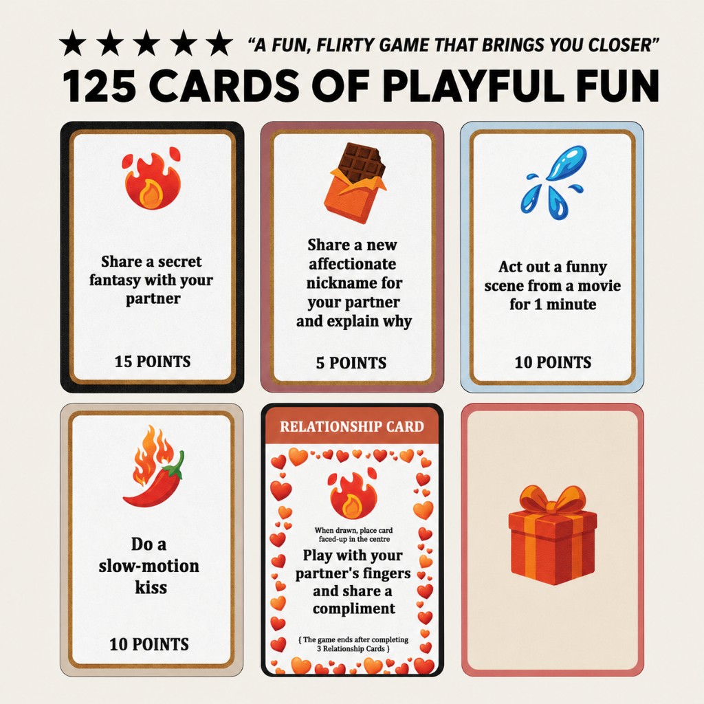125 cards of playful fun — sample challenge cards from Make Me Sweat including dares, points, and the relationship card